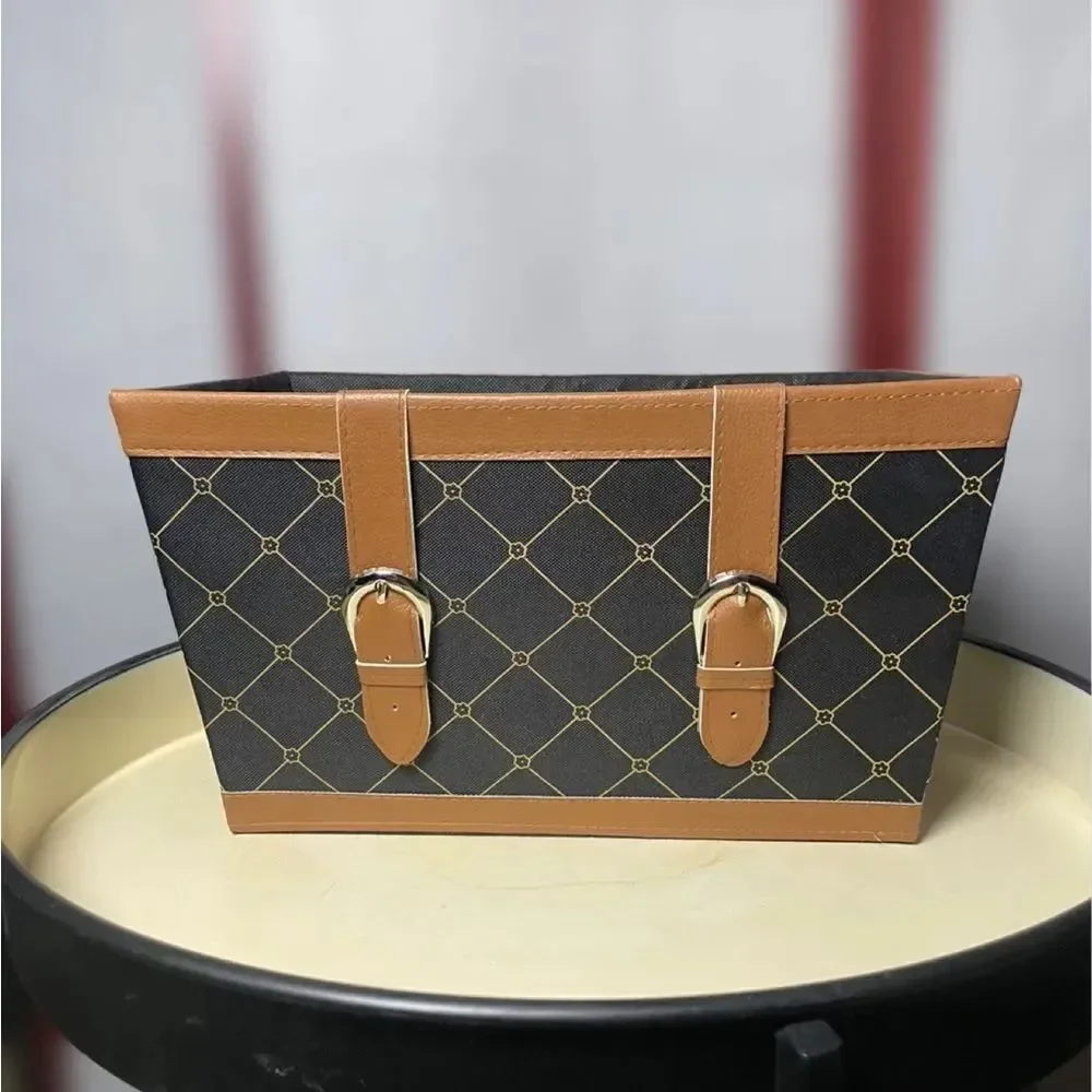 Elegant Black Fabric Storage Bin w/Brown Faux Leather Accents & Monogram Print